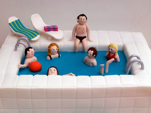 swimming pool novelty birthday cake with sunbeds