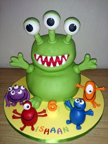 3 eyed green monster and friends fun birthday cake